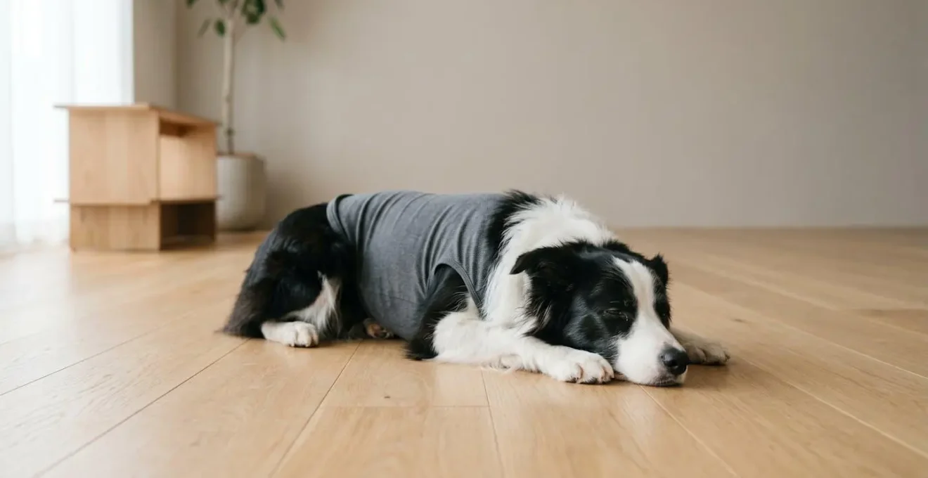 Chien portant un gilet anti-stress de compression dans un environnement apaisant
