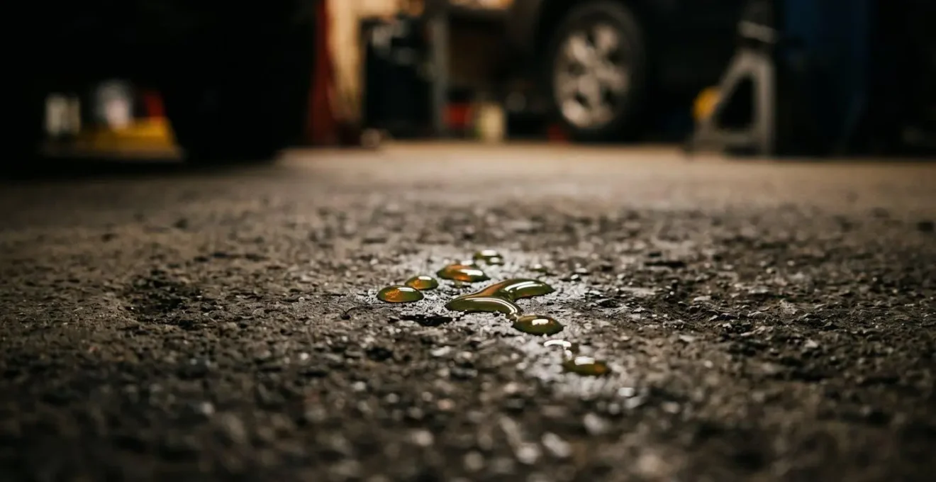 Petites gouttes de liquide automobile sur le sol d'un garage sombre