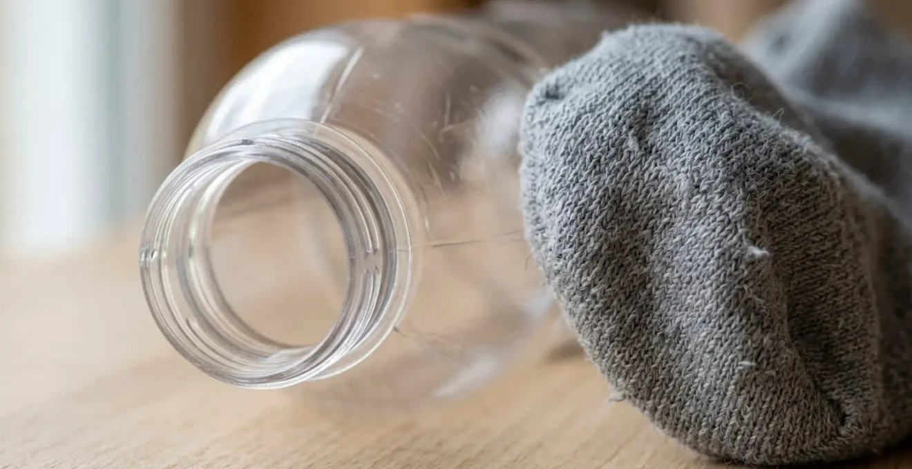 Gros plan sur une bouteille en plastique et une chaussette en coton préparées pour créer un jeu d'intelligence pour chien