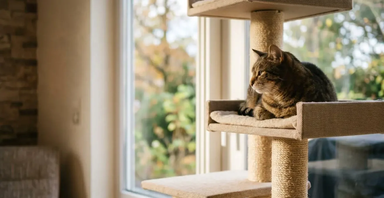 Arbre à chat positionné près d'une fenêtre offrant une vue extérieure naturelle et lumière du jour