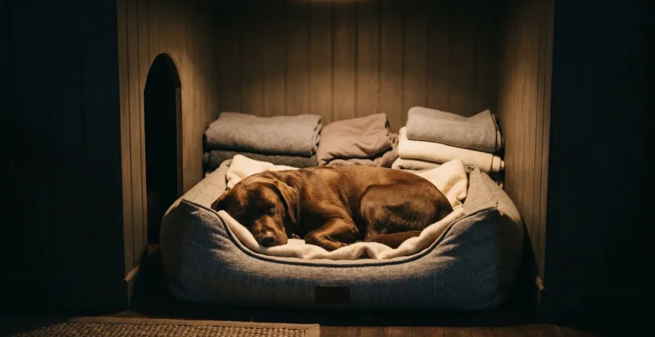 Espace refuge sécurisé pour chien dans une pièce intérieure isolée
