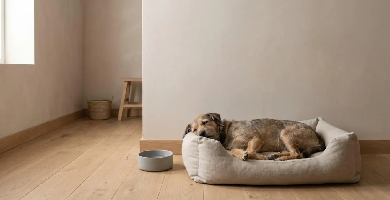 Scène minimaliste illustrant l'importance d'un environnement calme et structuré pour un chien nouvellement adopté