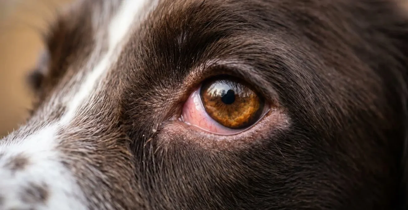 Gros plan sur l'œil d'un chien permettant de visualiser la couleur des muqueuses pour détecter la piroplasmose