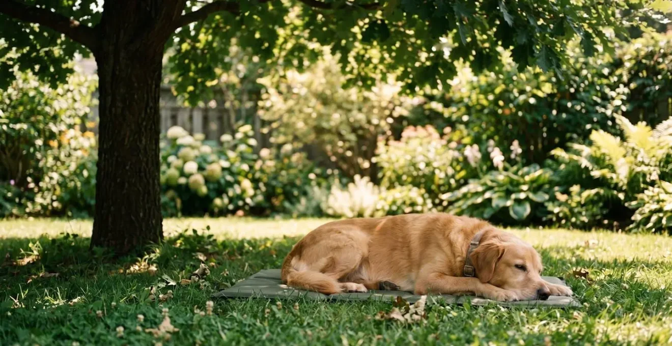Zone ombragée naturelle sous un arbre au centre d'un jardin avec espace de repos pour chien