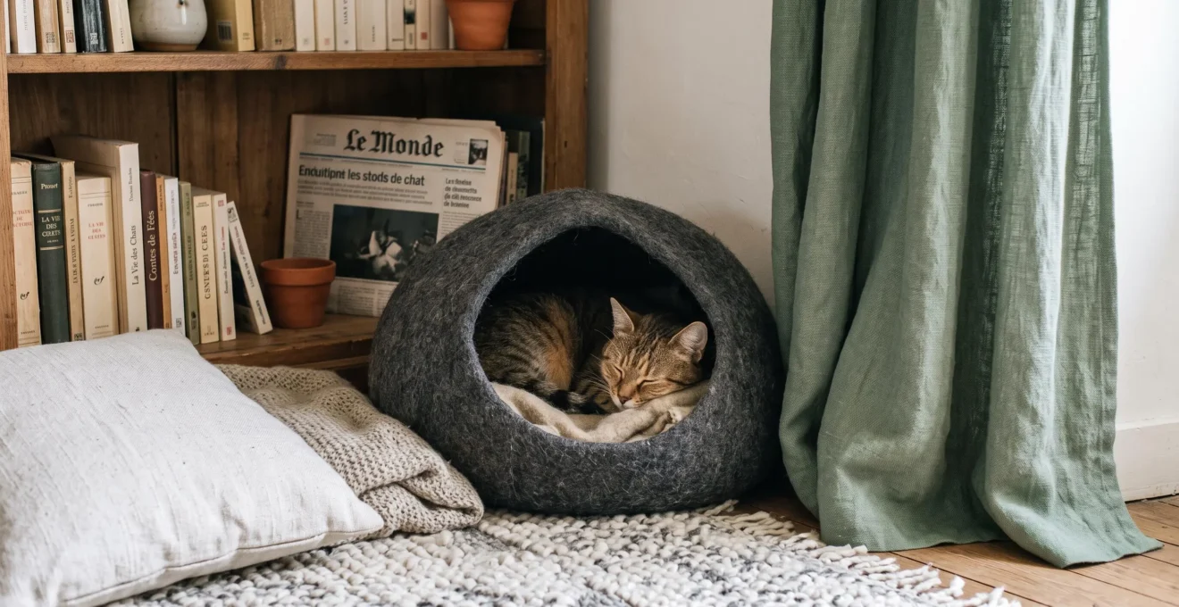 Un chat détendu dans un panier couvert placé dans un coin calme avec tapis épais et rideau absorbant les sons.