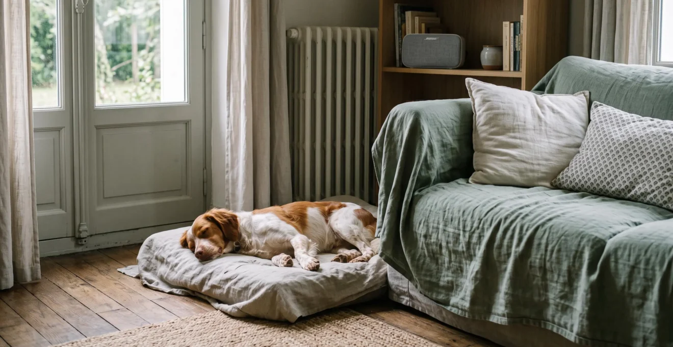 Un chien détendu allongé dans un coin calme d'un salon lumineux, dans une ambiance sonore apaisée de la maison.