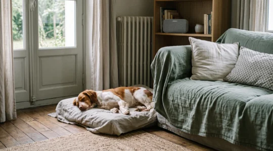 Un chien détendu allongé dans un coin calme d'un salon lumineux, dans une ambiance sonore apaisée de la maison.
