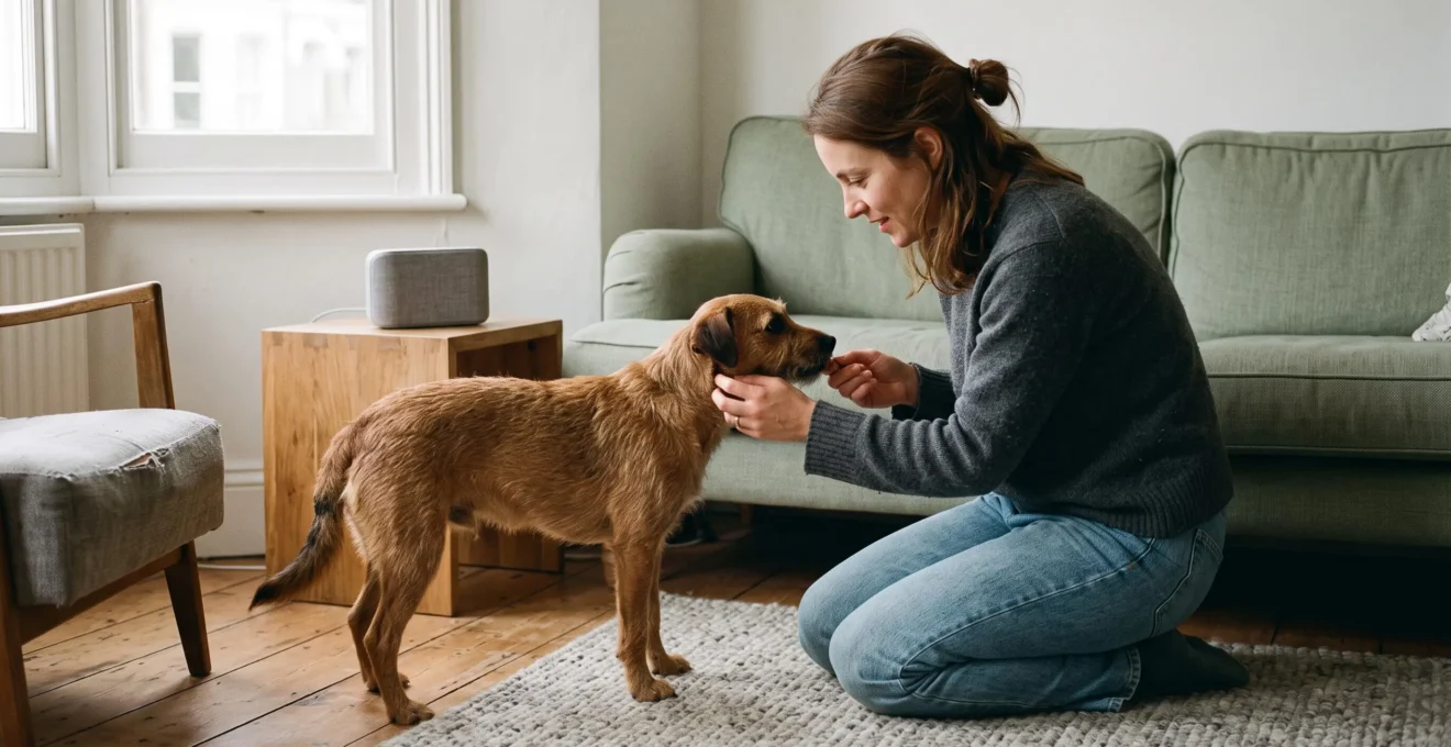 Une femme accroupie donne une friandise à son chien près d'une enceinte diffusant une musique douce, lors d'un exercice d'association positive.
